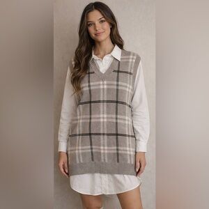 Tahari Plaid Sweater Dress Layered Look Size Medium